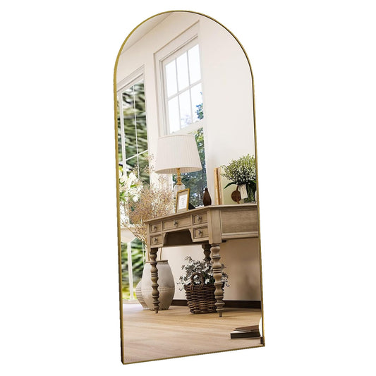 Oglinda Elindor® Cadru din Aluminiu, 150x40 cm, Design Arcada, Modern, Montaj pe Perete sau Podea, Ideala pentru Dormitor, Living sau Hol, Auriu