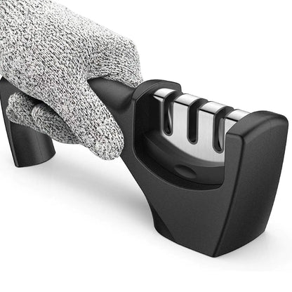 Ascutitor de Cutite Elindor® 3 in 1, Diferite Etape, Ceramica, Piatra Diamant, Otel Tungsten, Baza de Cauciuc Antialunecare, 21x8.5x5 cm, Negru