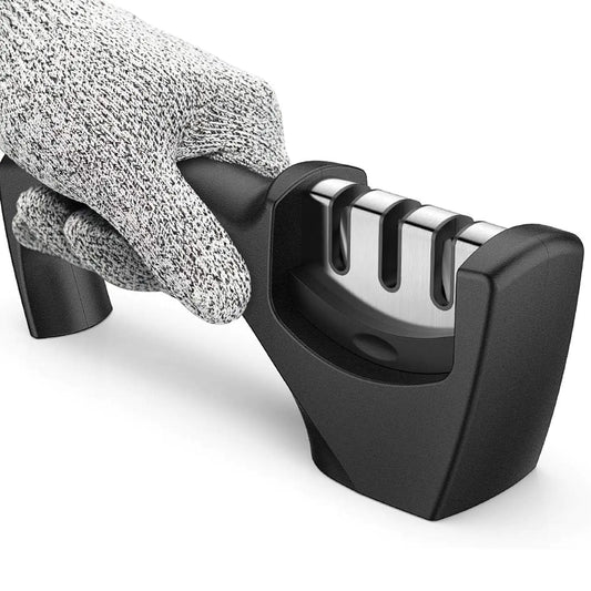 Ascutitor de Cutite Elindor® 3 in 1, Diferite Etape, Ceramica, Piatra Diamant, Otel Tungsten, Baza de Cauciuc Antialunecare, 21x8.5x5 cm, Negru