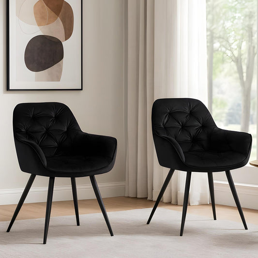 Set 2 Scaune Elindor® Ergonomice, Design Modern si Elegant, Scaun cu Spatar si cu Manere, din Catifea cu Picioare Metalice Negre, Potrivite pentru Living, Bucatarie, Birou, Dormitor, Latime Sezut 49 cm, 61 x 60 x 87 cm, Negru
