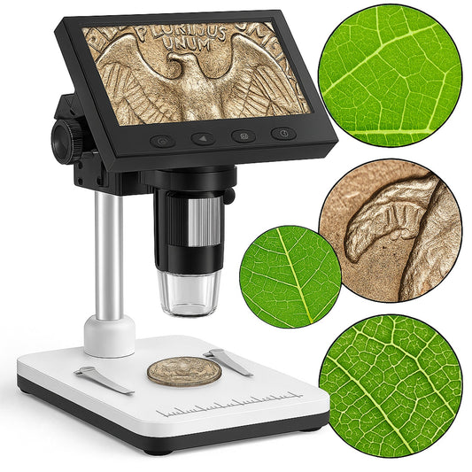 Microscop Digital Elindor® Ecran LCD, 8 LED-uri Reglabile, Compatibil Windows Mac, Suport Ajustabil, Baterie Reincarcabila, Microscop Portabil pentru Monede, Bijuterii, Educatie STEM