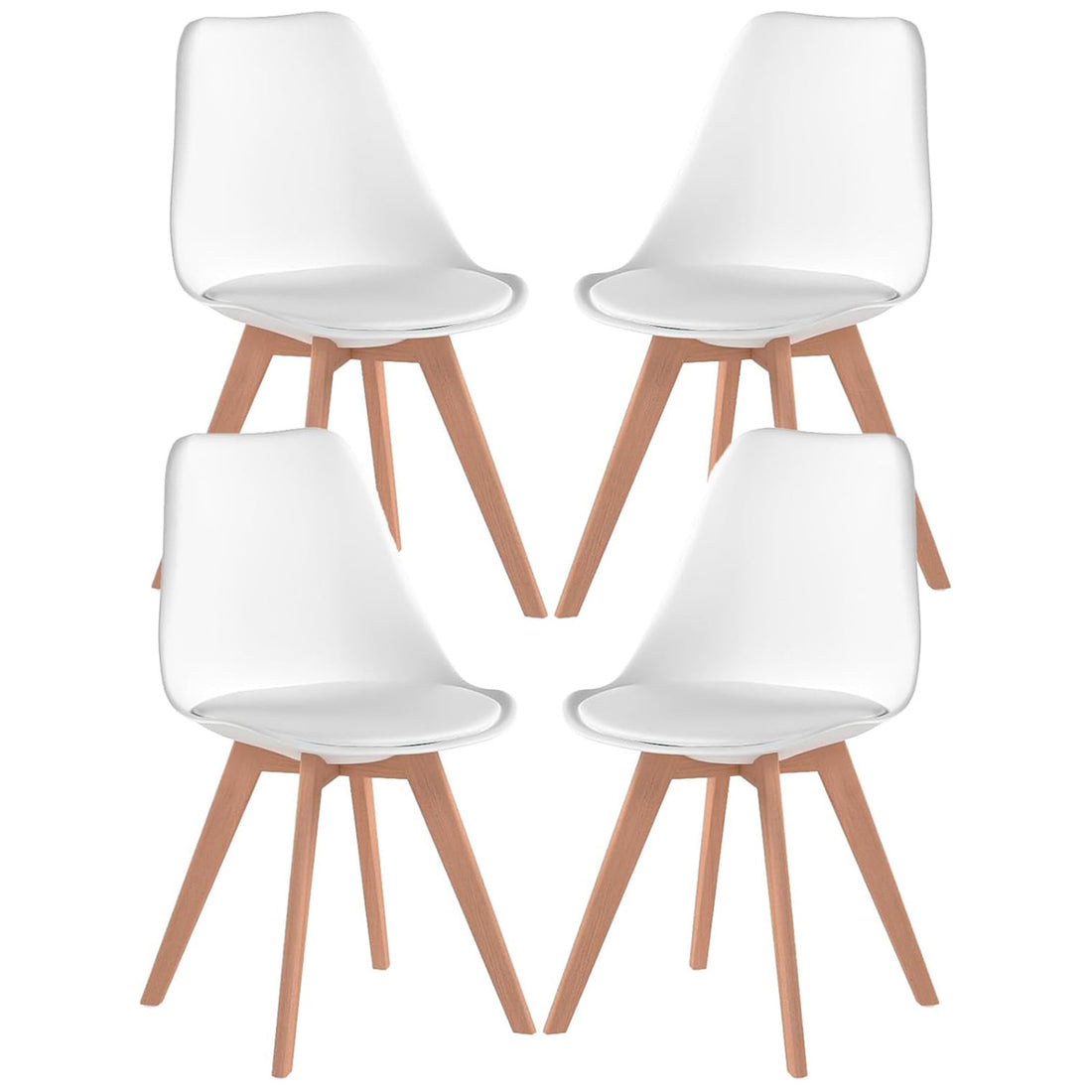 Set 4 Scaune Bucatarie Albe Elindor® din Piele Ecologica, Picioare din Lemn, Scaun Confortabil, Perna Sezut, Elegant, pentru Bucatarie, Dormitor, Living, 50 x 45 x 81 cm