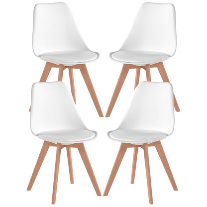 Set 4 Scaune Bucatarie Albe Elindor® din Piele Ecologica, Picioare din Lemn, Scaun Confortabil, Perna Sezut, Elegant, pentru Bucatarie, Dormitor, Living, 50 x 45 x 81 cm