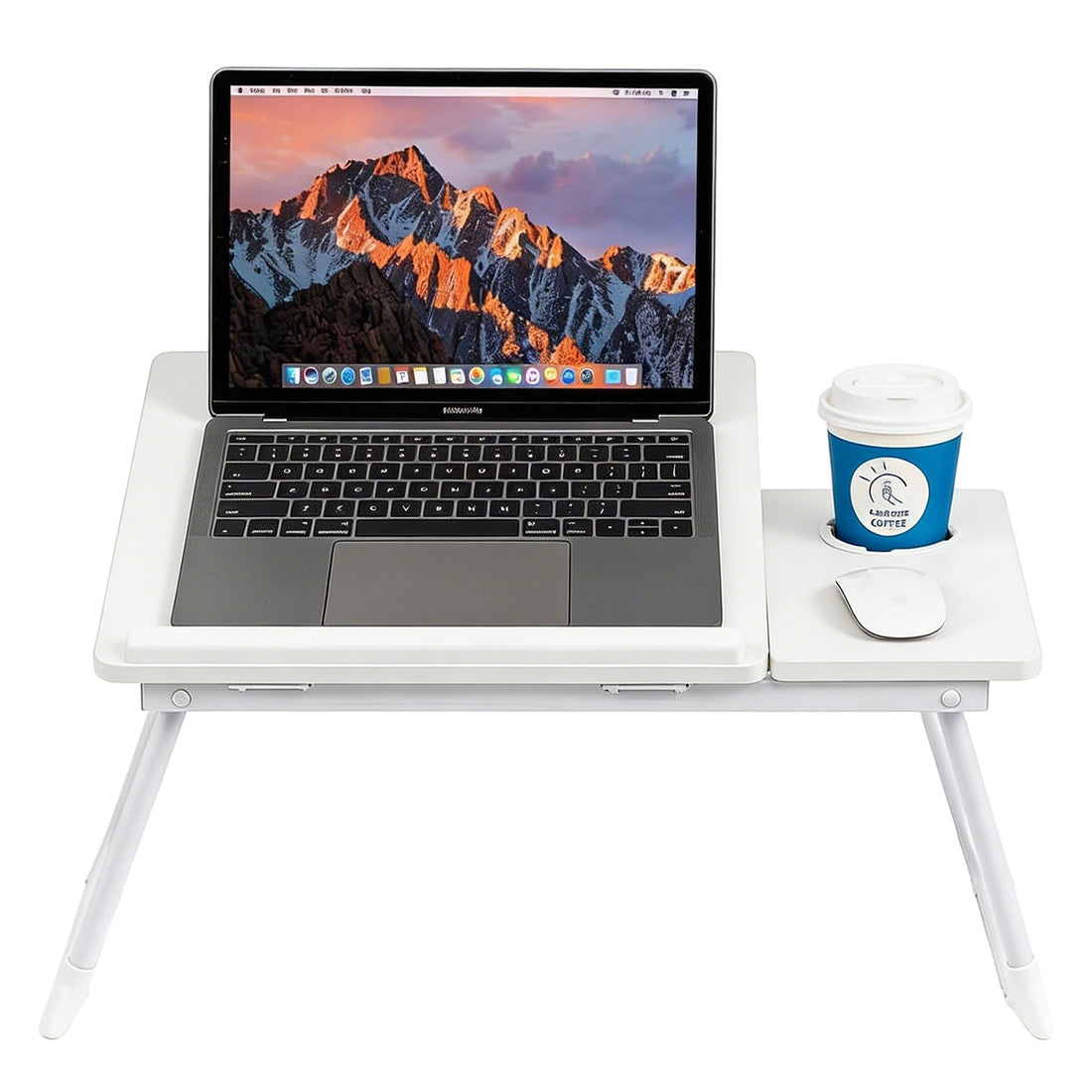 Masa Pliabila pentru Laptop Elindor® Suport Inaltime Reglabila 5 Trepte, Unghi Ajustabil, Antiderapanta, Usor de Depozitat, Birou Portabil cu Suport pentru Pahar si Mouse, Utilizare in Orice Loc, Ideala la Munca sau Mic Dejun la Pat, Alb