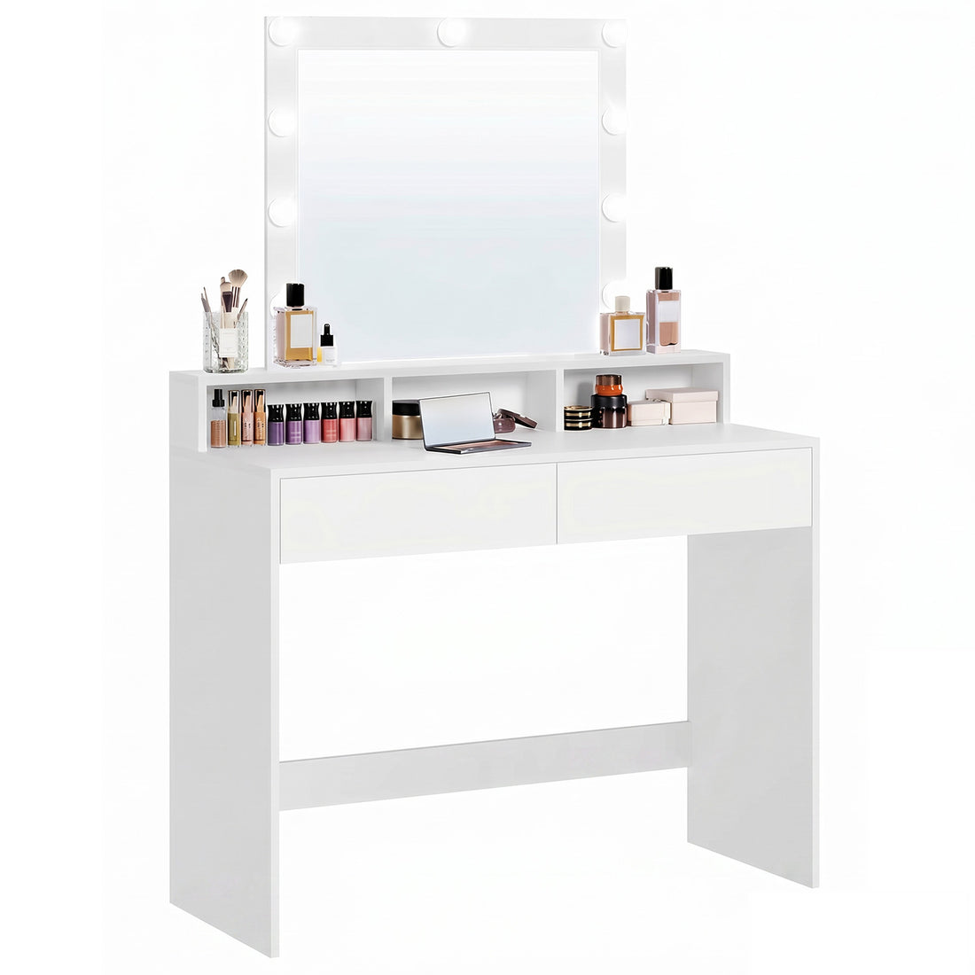 Masa de Machiaj Elindor®, cu Oglinda si Iluminare LED Reglabila, Spatiu Generos de Depozitare, 2 Sertare si 3 Compartimente, Fixare Anti-Rasturnare 40 × 100 × 145 cm, Alb