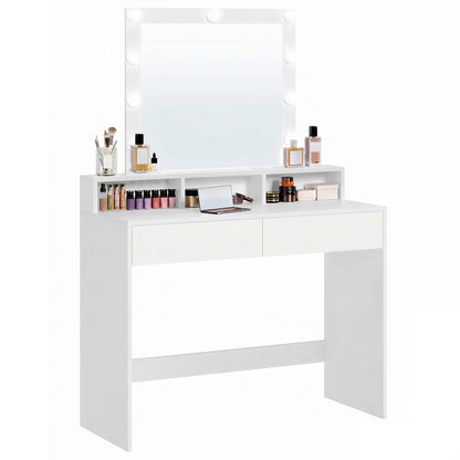 Masa de Machiaj Elindor®, cu Oglinda si Iluminare LED Reglabila, Spatiu Generos de Depozitare, 2 Sertare si 3 Compartimente, Fixare Anti-Rasturnare 40 × 100 × 145 cm, Alb