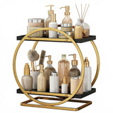 Organizator Cosmetice 2 Niveluri Elindor®, Suport Parfum si Skincare, Raft de Dus Baie, Etajera Depozitare, Accesorii Universale, 28 × 15 × 29 cm, Negru / Auriu