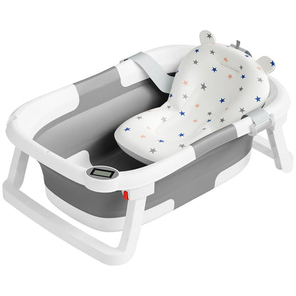 Cadita Pliabila Bebe Elindor® cu Senzor de Temperatura, cu Perna Moale Detasabila, Orificiu Scurgere, pentru Nou-Nascuti si Copii 0–36 Luni, Design Portabil, Ideal pentru Acasa sau Calatorii 60.5 × 43 × 20.5 cm, Gri