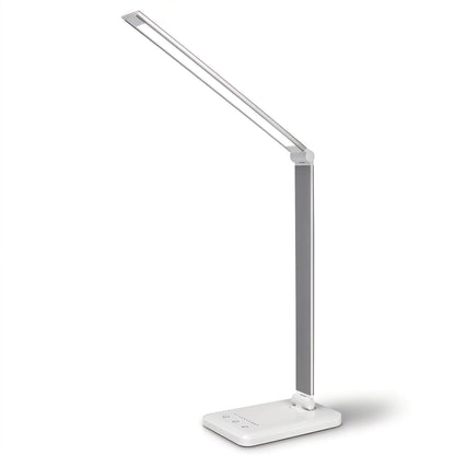 Lampa de Birou Elindor® Argintie cu LED, Pliabila, Incarcare USB si Incare Wireless Telefon, 5 Moduri Lumina Camera Rece/Cald si 5 Intensitati, Veioza Control prin Atingere, Potrivita si pentru Noptiera in Dormitor, Oprire Automata, 39 x 3 x 10,8 cm
