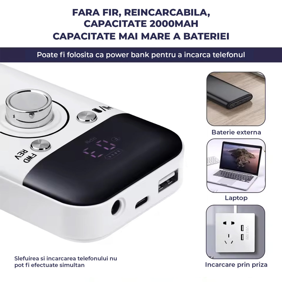 Freza Unghii Electrica Elindor® cu Suport Pila Electrica Reincarcabila, Set Complet de Ingrijire pentru Manichiura si Pedichiura Profesionala, Cuticule sau Calcaie, 45000 RPM, Viteza Reglaj Continuu, 6 Capete Detasabile, 6 Benzi Abrazive, Ecran LCD, Alb