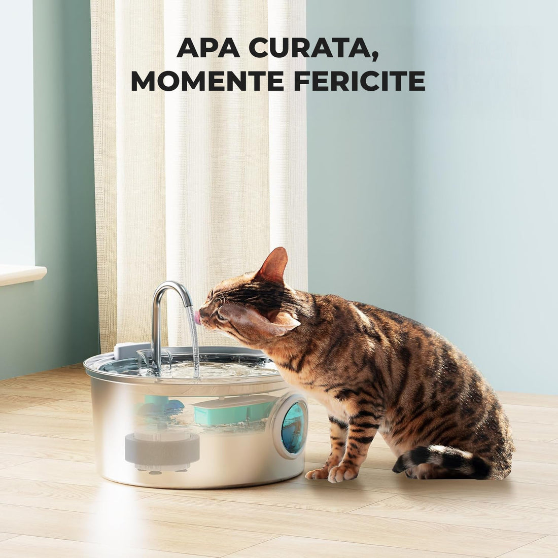 Set 6 Filtre de Rezerva + 6 Filtre de Burete pentru Dispenser de Apa Elindor, Tip Adapator Fantana pentru Pisici si Caini, Purificare, Carbon Activ, Rasina de Ioni, Elimina Eficient Impuritatile si Firele de Par, Cyan