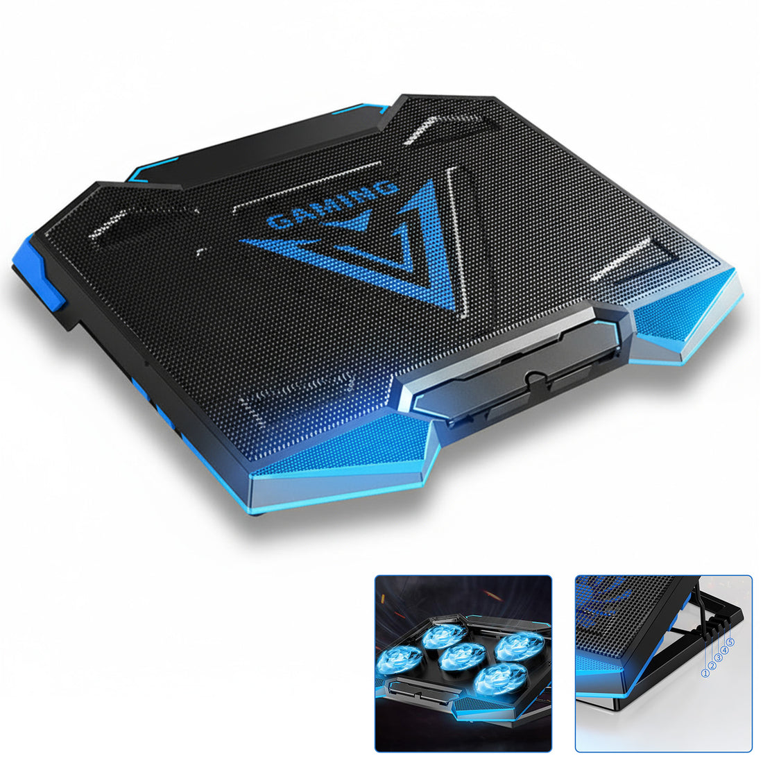 Cooler Laptop Gaming RGB Elindor® Suport cu Unghi Reglabil pe 5 Nivele, Viteza Ajustabila, Dimensiuni Compatabile 15.6-17 Inch, 5 Ventilatoare Puternice si Silentioase 20dB, 2 Porturi USB, pentru Birou, Calatorii, 45.5 x 32 x 3.2 cm, Negru