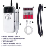 Freza Unghii Electrica Elindor® cu Suport Pila Electrica Reincarcabila, Set Complet de Ingrijire pentru Manichiura si Pedichiura Profesionala, Cuticule sau Calcaie, 45000 RPM, Viteza Reglaj Continuu, 6 Capete Detasabile, 6 Benzi Abrazive, Ecran LCD, Alb