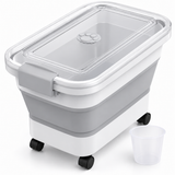 Recipient Pliabil pentru Hrana Animale Elindor®, Capacitate Aproximativ 10 kg, Cutie Depozitare Mancare Caini si Pisici, Capac Transparent cu Inchidere, Compartiment Condimente, 4 Roti Detasabile, PP si TPR, 45 x 29 x 32 cm, Alb / Gri