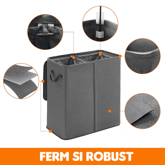 Coș de Rufe Dublu, 136L, Pliabil cu 2 Compartimente, Saci Detașabili, 60x35x65 cm