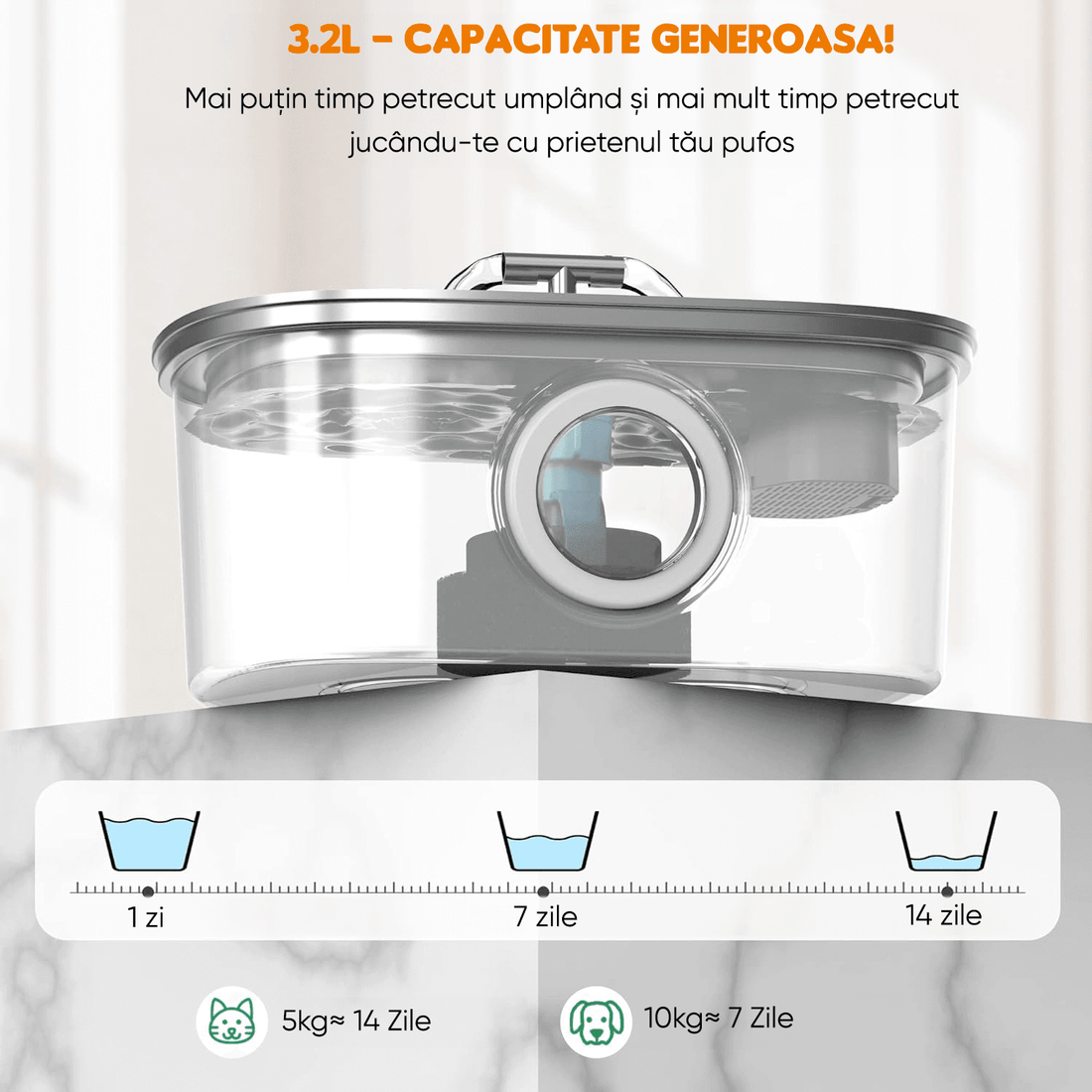 Dispenser Apă Automat pentru Pisici și Câini, 3.2L, Oțel Inoxidabil, Filtrare Activă, Silențios