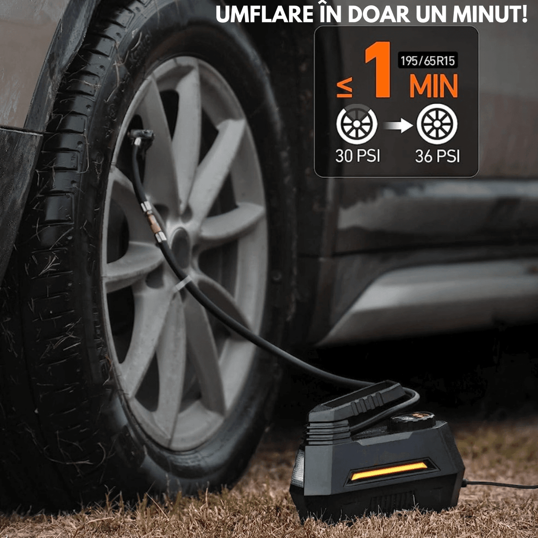 Compresor Auto Portabil 12V DC, Manometru Digital, 100 PSI, 6.9 Bari, cu Lumina LED de Urgență – Ideal pentru Auto, Biciclete, Moto, Saltele și Baloane