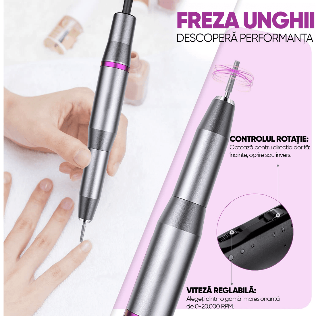 Freza Unghii Profesionala Elindor® cu Fir pentru Manichiura si Pedichiura, 20000 RPM, 6 Capete Pila, 36 Benzi Slefuire, Portabila, Gri