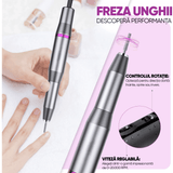 Freza Unghii Profesionala Elindor® cu Fir pentru Manichiura si Pedichiura, 20000 RPM, 6 Capete Pila, 36 Benzi Slefuire, Portabila, Gri