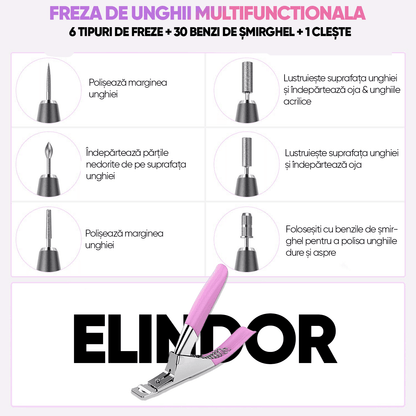 Freza Unghii Profesionala Elindor® cu Fir pentru Manichiura si Pedichiura, 20000 RPM, 6 Capete Pila, 36 Benzi Slefuire, Portabila, Gri