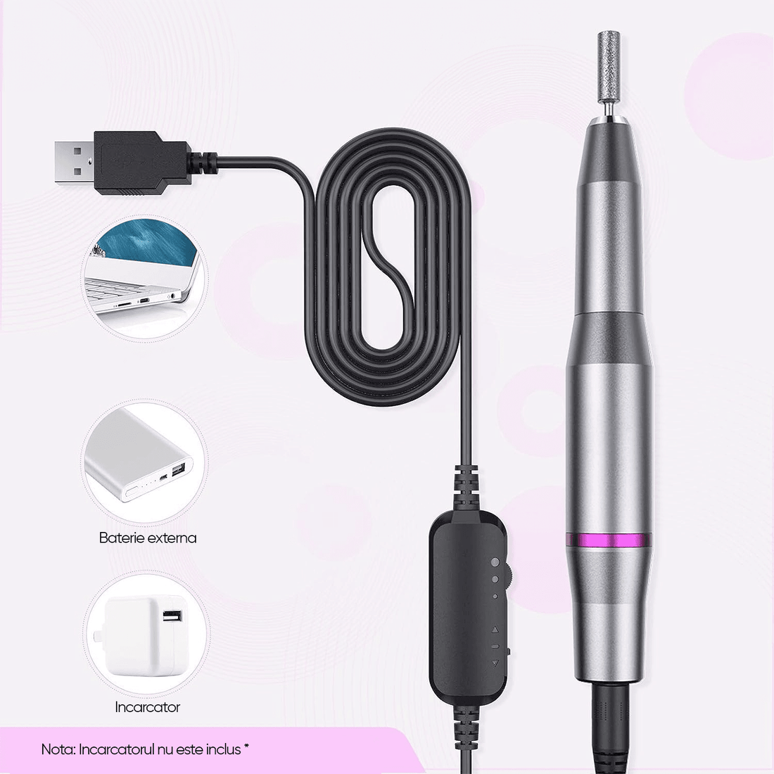 Freza Unghii Profesionala Elindor® cu Fir pentru Manichiura si Pedichiura, 20000 RPM, 6 Capete Pila, 36 Benzi Slefuire, Portabila, Gri