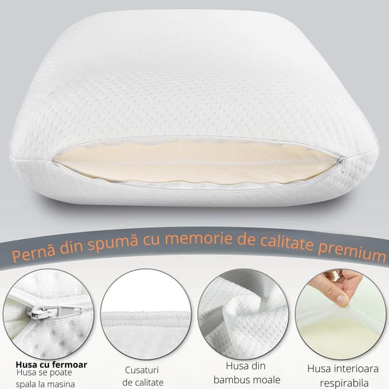Pernă Ortopedică Memory Foam, Suport Gât și Cervical, Husa Detasabilă, Design Ventilat, 60x40x12 cm, Alb