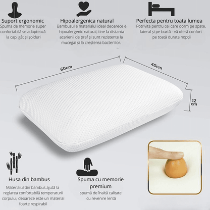 Pernă Ortopedică Memory Foam, Suport Gât și Cervical, Husa Detasabilă, Design Ventilat, 60x40x12 cm, Alb