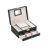 Cutie Bijuterii cu Cheie, 2 Nivele & Sertar, Catifelată, Piele Ecologică Verde, 23 x 17 x 10.5 cm