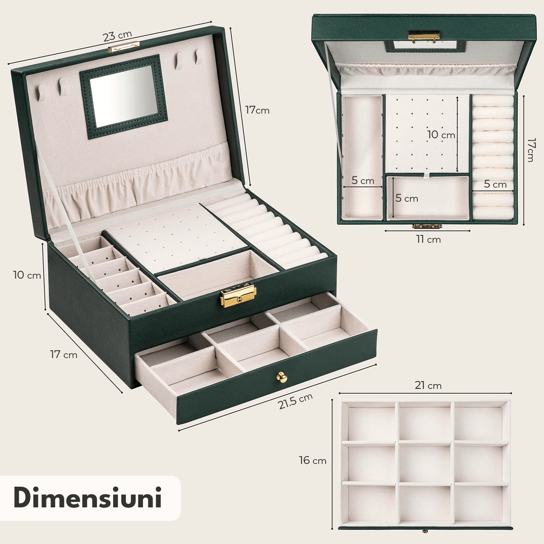 Cutie Bijuterii cu Cheie, 2 Nivele & Sertar, Catifelată, Piele Ecologică Verde, 23 x 17 x 10.5 cm