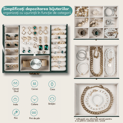 Cutie Bijuterii cu Cheie, 2 Nivele & Sertar, Catifelată, Piele Ecologică Verde, 23 x 17 x 10.5 cm