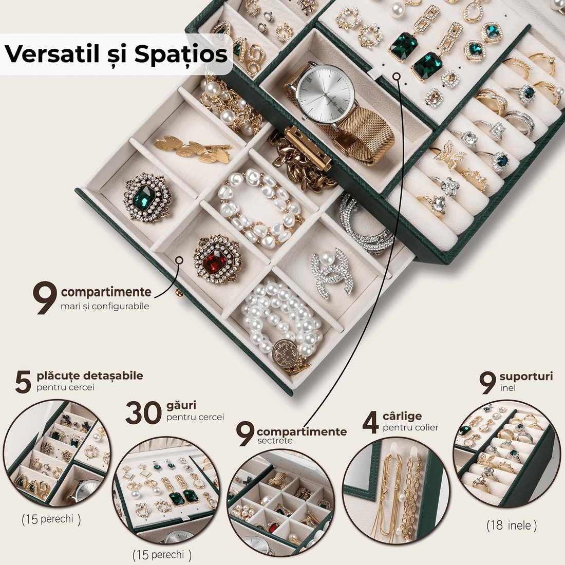 Cutie Bijuterii cu Cheie, 2 Nivele & Sertar, Catifelată, Piele Ecologică Verde, 23 x 17 x 10.5 cm