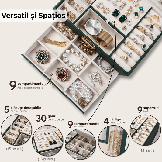 Cutie Bijuterii cu Cheie, 2 Nivele & Sertar, Catifelată, Piele Ecologică Verde, 23 x 17 x 10.5 cm