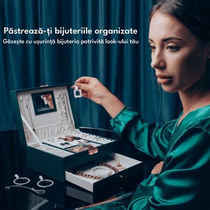 Cutie Bijuterii cu Cheie, 2 Nivele & Sertar, Catifelată, Piele Ecologică Verde, 23 x 17 x 10.5 cm