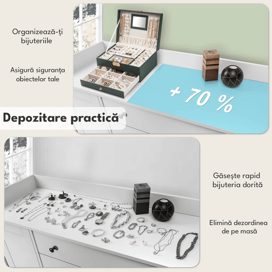 Cutie Bijuterii cu Cheie, 2 Nivele & Sertar, Catifelată, Piele Ecologică Verde, 23 x 17 x 10.5 cm