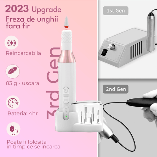 Freză unghii profesională wireless, 18.000 RPM, 3 viteze, 12 capete, 36 benzi de șlefuire, design ergonomic