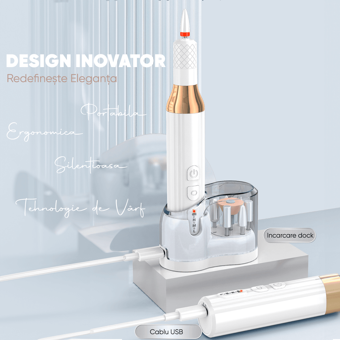 Freză unghii profesională wireless, 18.000 RPM, 3 viteze, 12 capete, 36 benzi de șlefuire, design ergonomic
