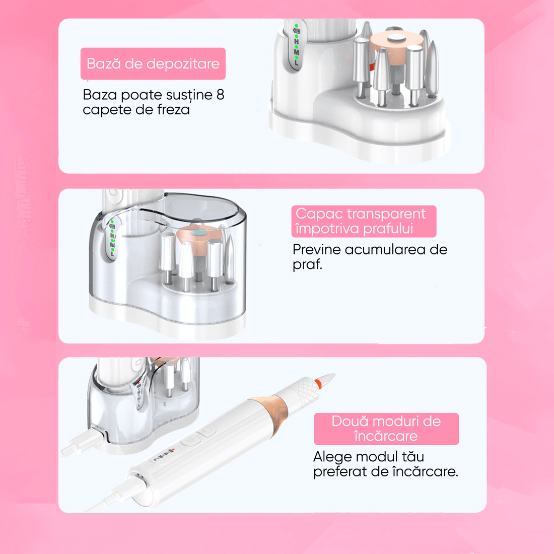 Freză unghii profesională wireless, 18.000 RPM, 3 viteze, 12 capete, 36 benzi de șlefuire, design ergonomic