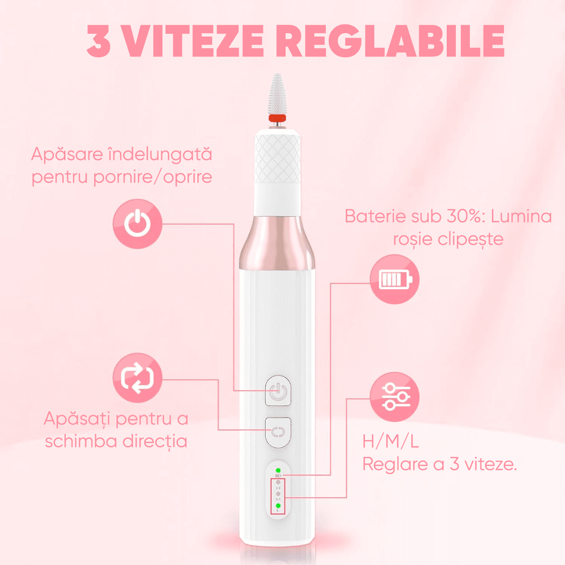 Freză unghii profesională wireless, 18.000 RPM, 3 viteze, 12 capete, 36 benzi de șlefuire, design ergonomic