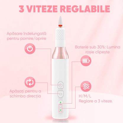 Freză unghii profesională wireless, 18.000 RPM, 3 viteze, 12 capete, 36 benzi de șlefuire, design ergonomic