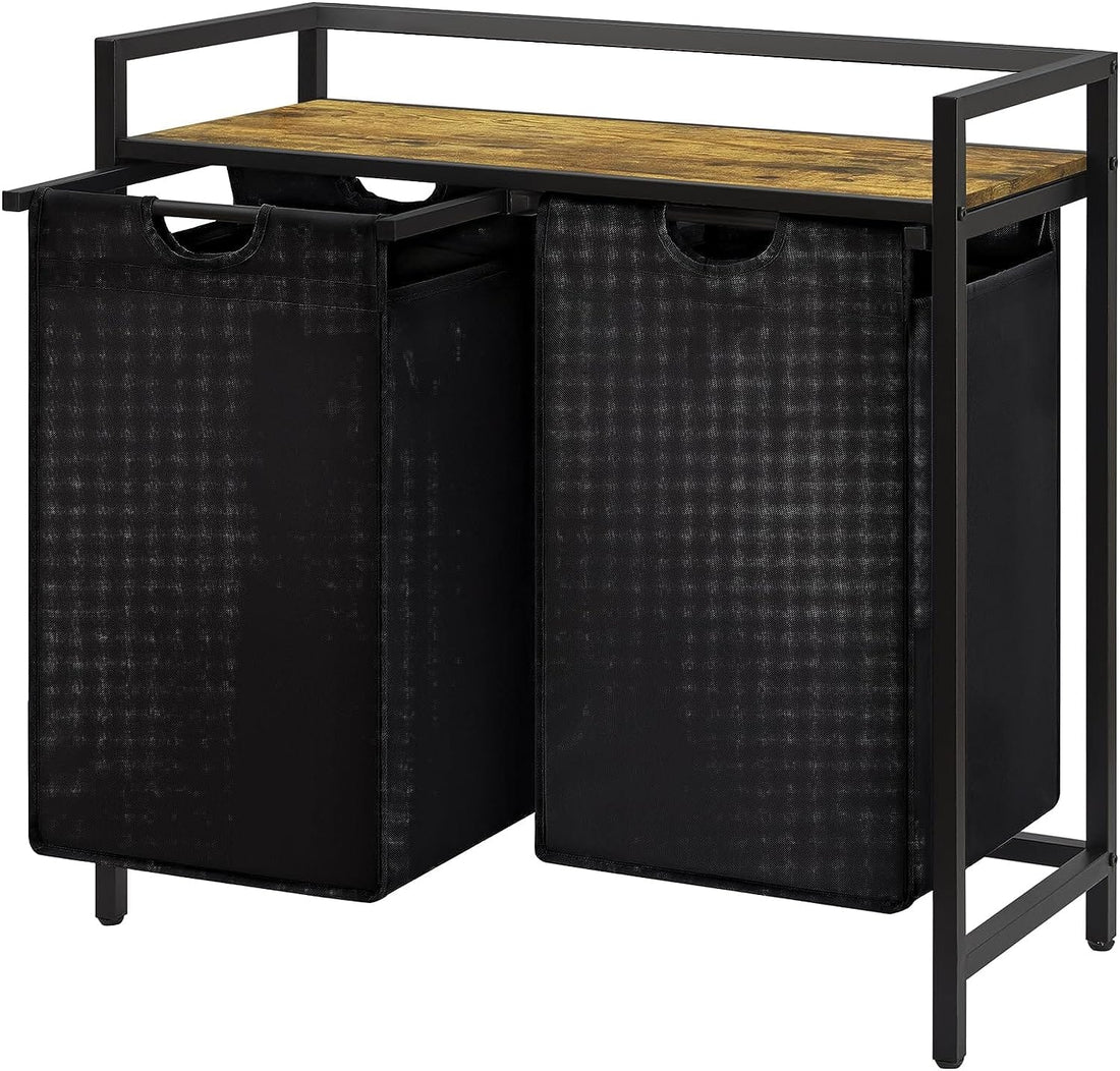 Coș de Rufe Dublu cu Sertar, 95L, Raft Superior, Saculețe Detașabile, 76 x 33.5 x 72 cm, Negru