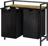 Coș de Rufe Dublu cu Sertar, 95L, Raft Superior, Saculețe Detașabile, 76 x 33.5 x 72 cm, Negru