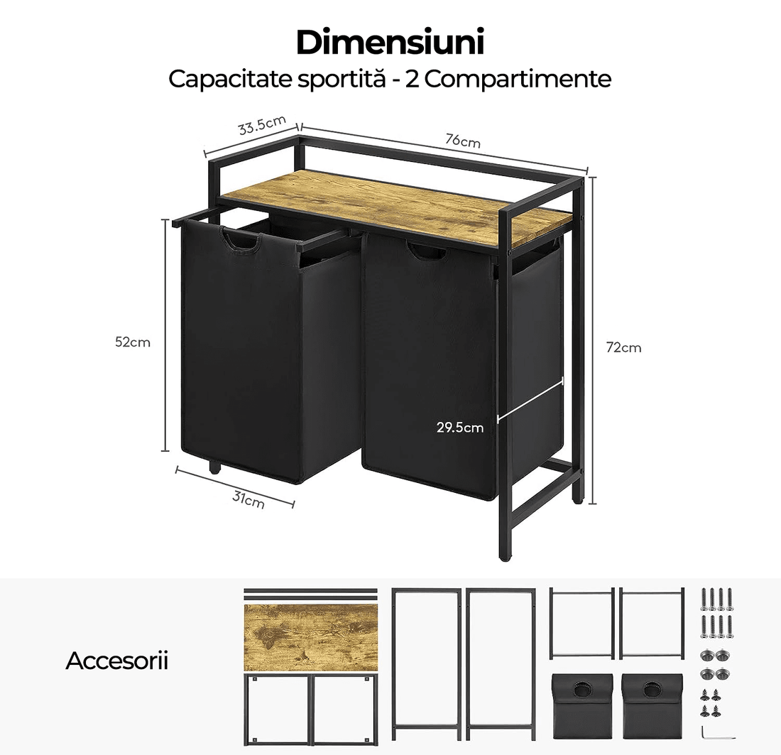 Coș de Rufe Dublu cu Sertar, 95L, Raft Superior, Saculețe Detașabile, 76 x 33.5 x 72 cm, Negru