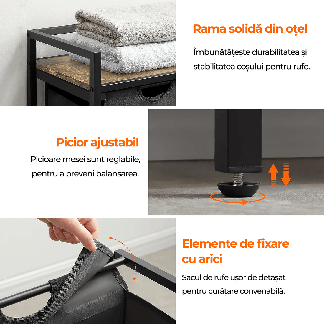 Coș de Rufe Dublu cu Sertar, 95L, Raft Superior, Saculețe Detașabile, 76 x 33.5 x 72 cm, Negru