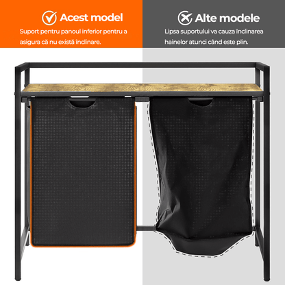 Coș de Rufe Dublu cu Sertar, 95L, Raft Superior, Saculețe Detașabile, 76 x 33.5 x 72 cm, Negru