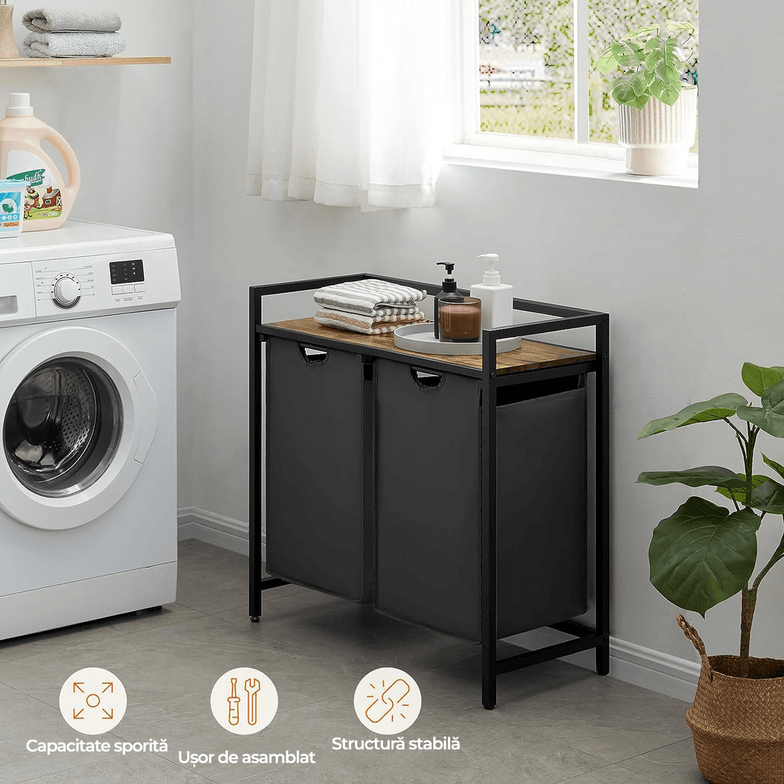 Coș de Rufe Dublu cu Sertar, 95L, Raft Superior, Saculețe Detașabile, 76 x 33.5 x 72 cm, Negru