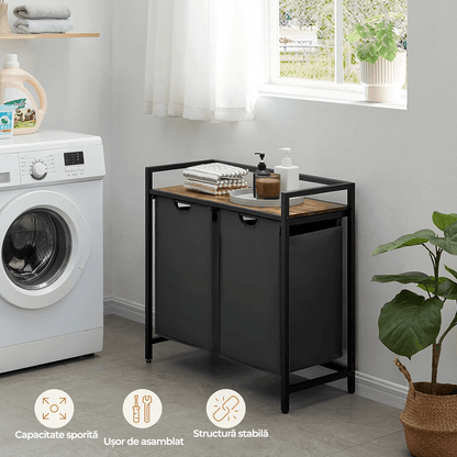 Coș de Rufe Dublu cu Sertar, 95L, Raft Superior, Saculețe Detașabile, 76 x 33.5 x 72 cm, Negru