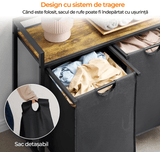 Coș de Rufe Dublu cu Sertar, 95L, Raft Superior, Saculețe Detașabile, 76 x 33.5 x 72 cm, Negru