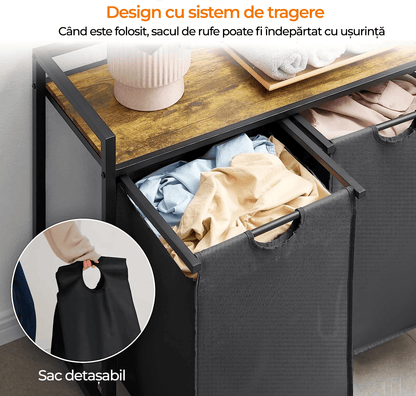 Coș de Rufe Dublu cu Sertar, 95L, Raft Superior, Saculețe Detașabile, 76 x 33.5 x 72 cm, Negru