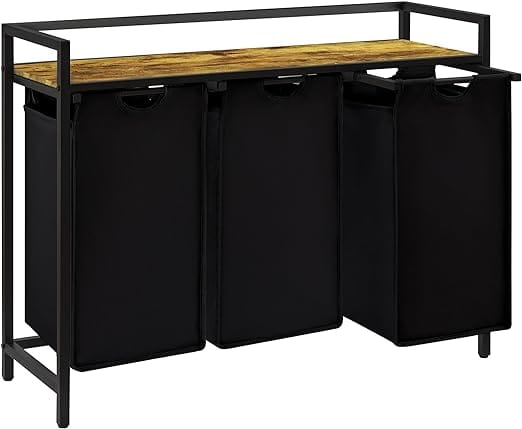 Coș de Rufe Triplu cu Sertar, 120L, Raft Superior, Saculețe Detașabile, 95 x 35 x 72 cm, Negru