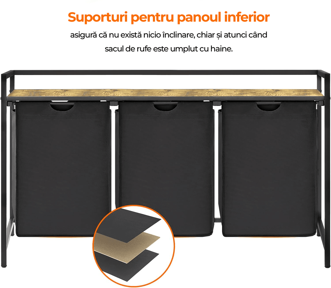 Coș de Rufe Triplu cu Sertar, 120L, Raft Superior, Saculețe Detașabile, 95 x 35 x 72 cm, Negru